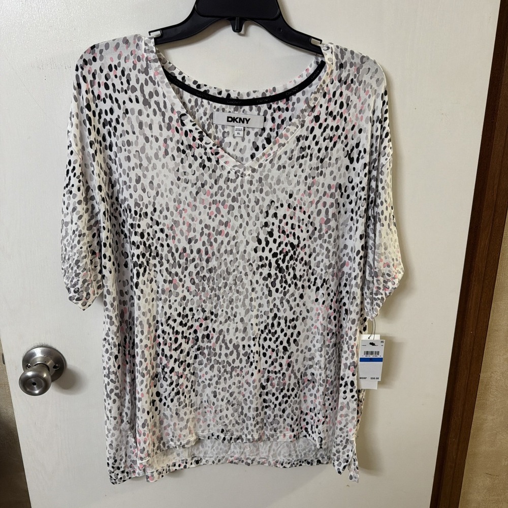 DKNY WHITE, PINK and BLACK PRINT BLOUSE   Size XL